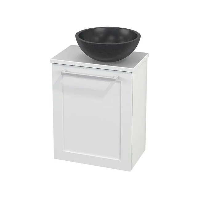 White bathroom cabinet with black countertop wash basin, compact design, ideal for modern bathrooms, made of durable wood.