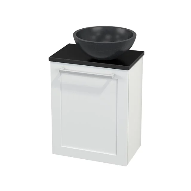 White bathroom unit, square with black top and grey round vanity units for countertop wash basin, ideal for modern bathrooms.