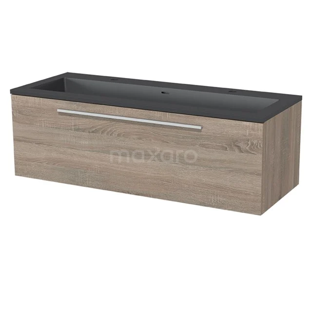Wooden bathroom unit with black basin worktop, modern design, Series Oakline, ideal for stylish bathroom design.