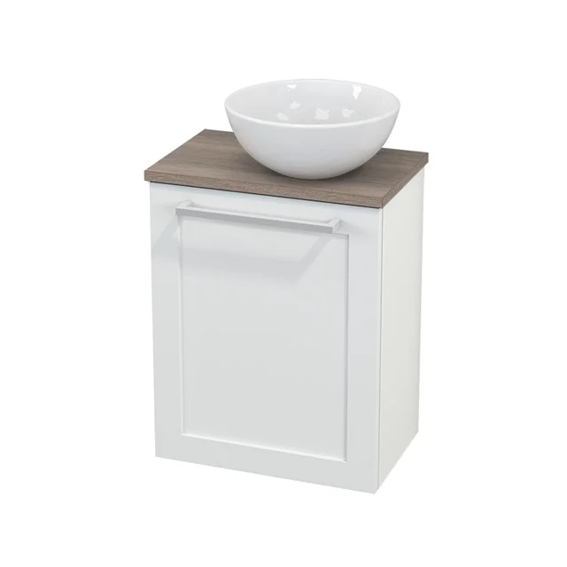 Weißes Badezimmermöbel mit Holzplatte und keramischem Waschbecken, kompaktes Design ideal für moderne Badezimmergestaltung.