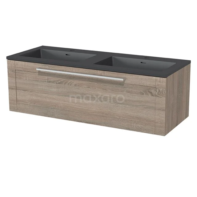 Modulo Vanity units with basin | 120 cm Oak Frame front Quartz 1 drawer BMW11-00627 Wooden bathroom unit with vanity units with basin in black, minimalist design and chrome handle, perfect for modern bathrooms.