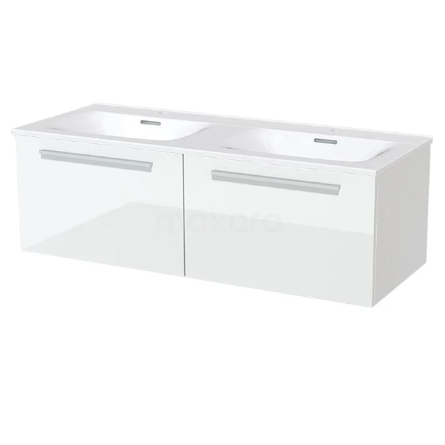 Modulo Vanity units with basin | 120 cm High-gloss white Flat front Ceramic 2 Side-by-side drawers BMW12-00005 Modern white bathroom furniture set with double basin and sleek handles, ideal for stylish bathroom space use.