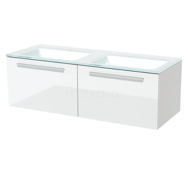 Weiße hängende Badmöbel mit Glas-Waschbecken, modernes Design und doppelten Schubladen, ideal für eine stilvolle Badezimmer Einrichtung.