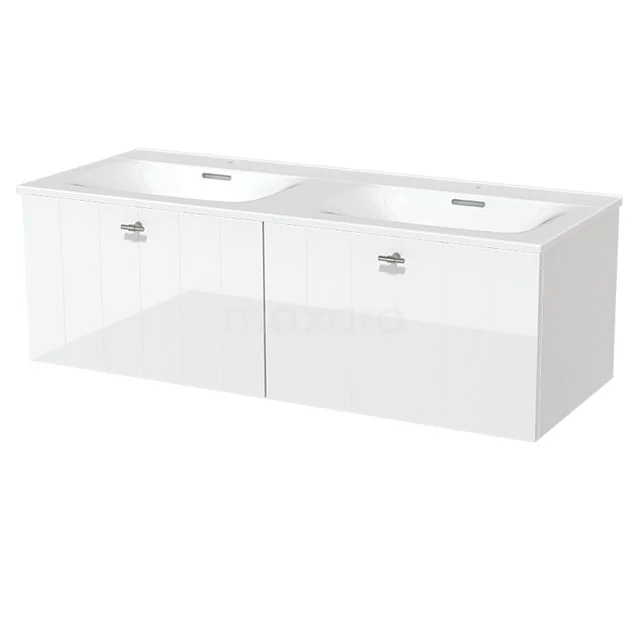 Modulo Vanity units with basin | 120 cm High-gloss white Slat front Ceramic 2 Side-by-side drawers BMW12-00017 White double basin with glossy drawers, sleek design, ideal as a modern vanity units with basin for extra storage space.