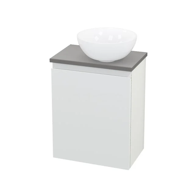 Toilet unit with Countertop wash basin Ceramic Modulo+ Pico Matte white 41cm BMC000640 White hanging bathroom cabinet with grey worktop and round white countertop wash basin, ideal for modern bathroom design.