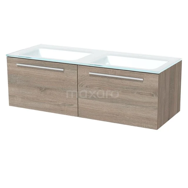 Modulo Bathroom furniture with sink | 120 cm Oak Flat front Glass 2 Side-by-side drawers BMW12-00124 Wooden vanity unit with double basin, modern bathroom cabinet with glass top and sleek handles.