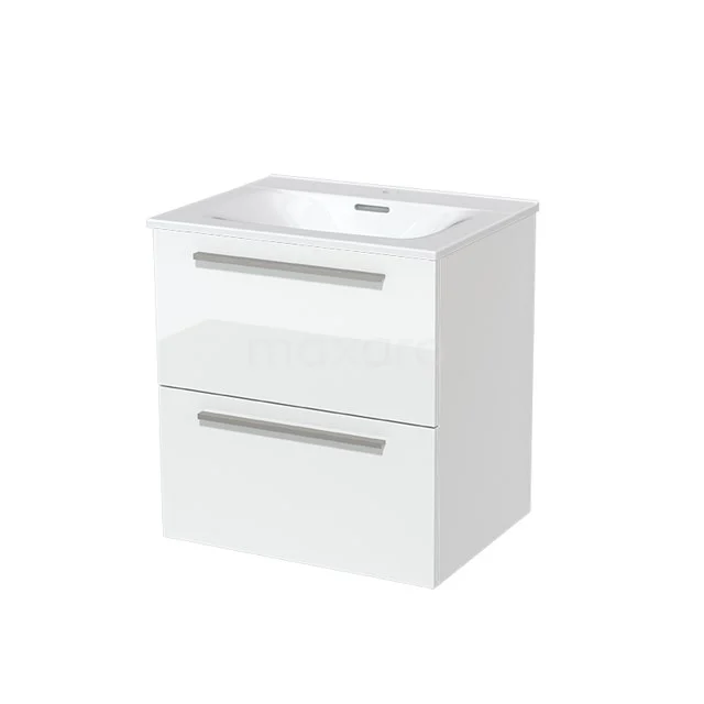 White bathroom unit with two drawers, integrated vanity units with basin and chrome handles, modern design in glossy finish.