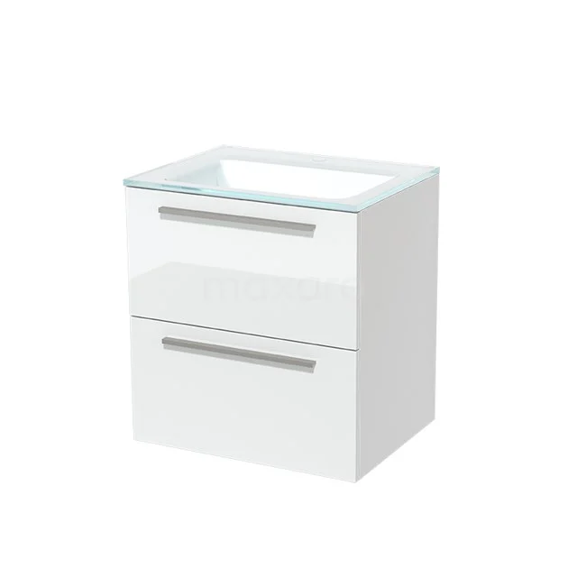 White bathroom unit with two drawers, glossy finish and glass basin, modern design for stylish bathroom design.