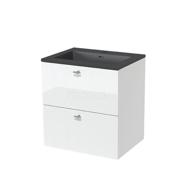 White bathroom cabinet with black basin, two drawers and glossy finish; modern design, ideal for bathroom storage.