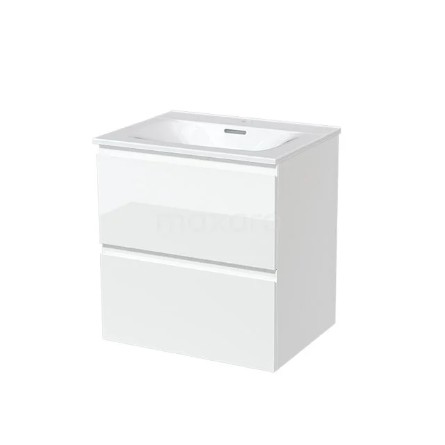 Weiß glänzendes Badmöbel mit Waschbecken, 2 Softclose Schubladen, modernes Design, ideal für stilvolle Badezimmerlagerung.