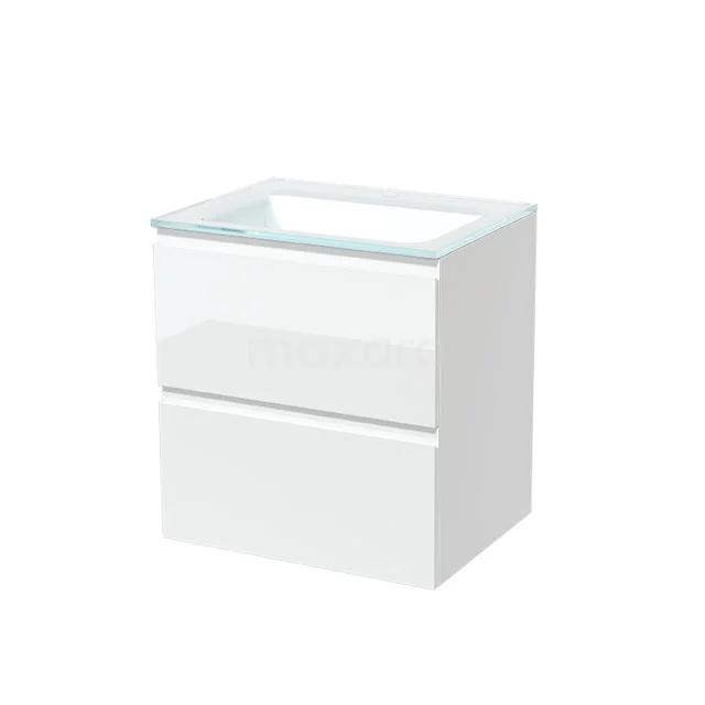 Weißes Badezimmermöbel mit zwei Schubladen und Waschbecken aus Glas, schlankes Design in Hochglanz-Oberfläche für modernen Badezimmerstil.