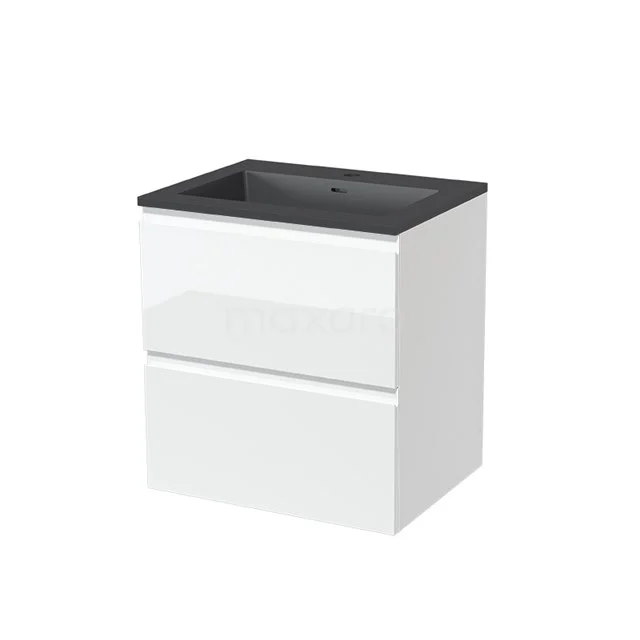 Modulo Vanity units with basin | 60 cm High-gloss white Handle-less front Quartz 2 Stacked drawers BMW17-01230 White bathroom unit with two drawers and black basin worktop, modern design style, ideal for compact bathroom set-ups.