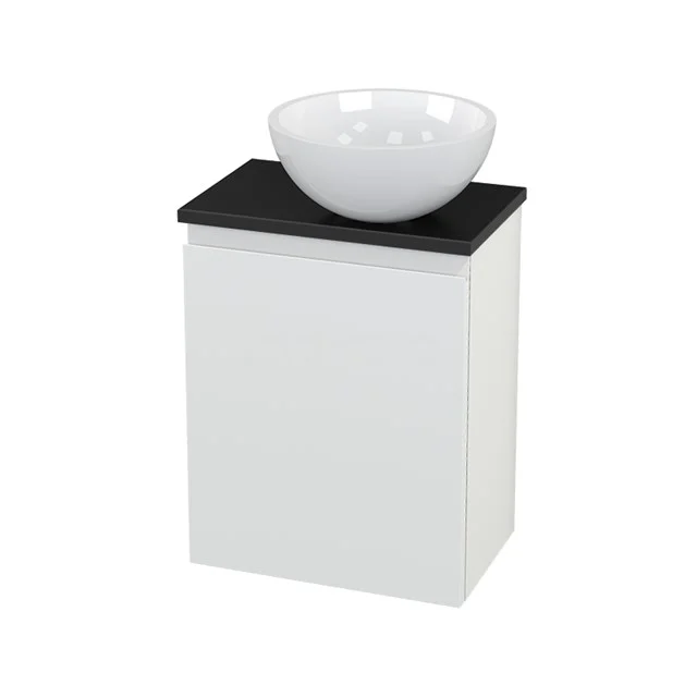 White Bathroom unit with black top plate and round white vanity units with basin, compact design for stylish and practical use.