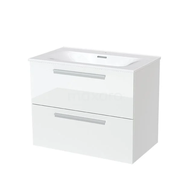 White ceramic vanity unit with two drawers and sleek handles, perfect for a modern bathroom design.