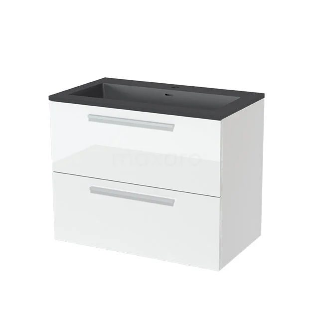 Modulo Vanity units with basin | 80 cm High-gloss white Flat front Quartz 2 Stacked drawers BMW17-01242 White bathroom unit with two drawers, black basin worktop, sleek design, ideal for modern bathrooms.