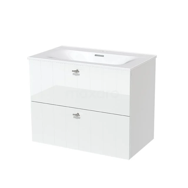 Weißer Badschrank mit zwei Schubladen, glänzender Oberfläche und integriertem Waschbecken, ideal für modernes Badezimmerdesign.