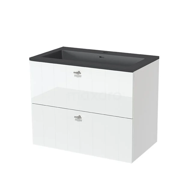 Weiß glänzendes Badmöbel mit schwarzem Waschbecken, zwei Schubladen und schnittigem modernem Design, ideal für ein stilvolles Badezimmer.