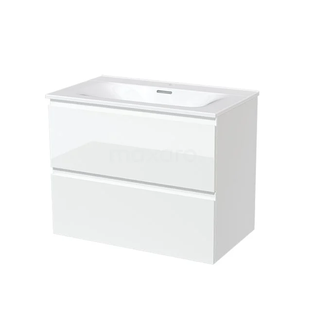 White Bathroom unit with two drawers, glossy finish and integrated vanity units with basin, modern style for any bathroom.