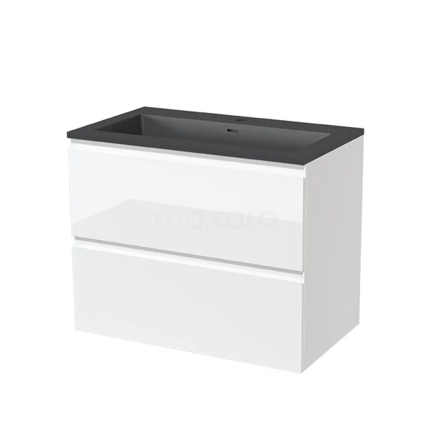 Modulo Vanity units with basin | 80 cm High-gloss white Handle-less front Quartz 2 Stacked drawers BMW17-01266 White Bathroom unit with two drawers and matte black basin, stylish and modern design for the bathroom.