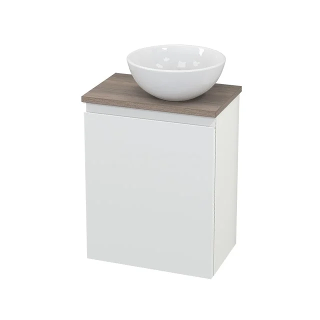 White wooden bathroom cabinet with wood-look worktop and round white countertop wash basin, compact design ideal for modern bathrooms.