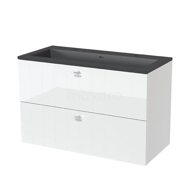 White bathroom unit with two drawers and black vanity units with basin, modern design, made of high-quality materials.