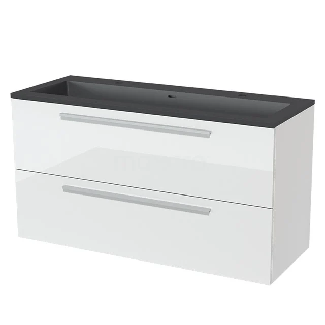 Modulo Bathroom furniture with sink | 120 cm High-gloss white Flat front Quartz 2 Stacked drawers BMW17-01318 White floating bathroom unit with black basin worktop, two drawers and modern design for stylish bathroom storage.