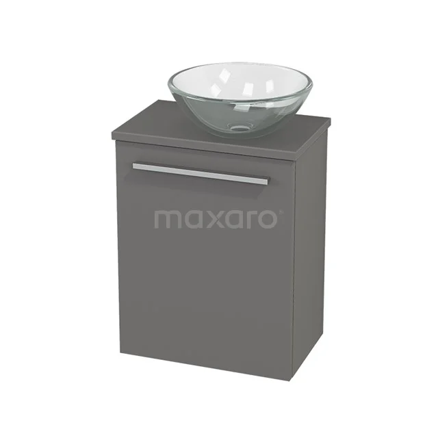 Grauer Badschrank mit modernem schalenförmigen Waschbecken, schlankem Haltegriff und kompaktem Design, ideal für ein kleines Badezimmer.