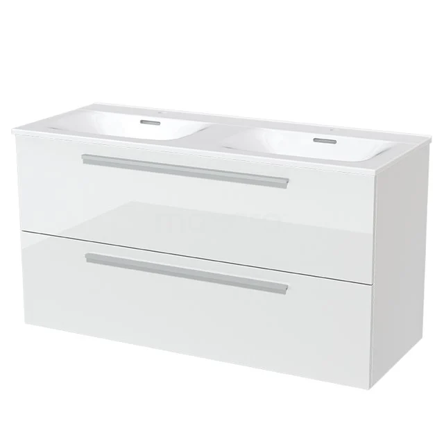 Weißes Doppelwaschbeckenmöbel mit Hochglanzoberfläche, geräumiger Schublade und modernem Design, ideal für ein stilvolles Badezimmer.