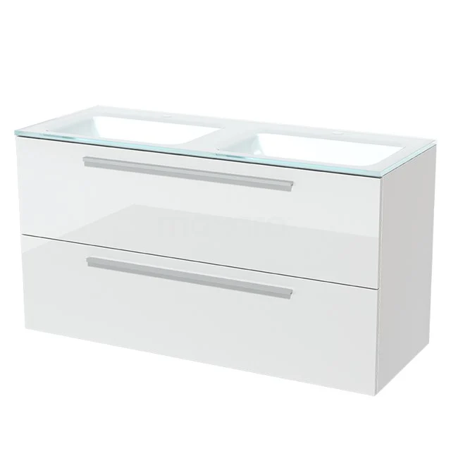 Modulo Bathroom furniture with sink | 120 cm High-gloss white Flat front Glass 2 Stacked drawers BMW17-01339 White high-gloss bathroom unit with double basin, sleek finish and modern handles, ideal for a stylish bathroom.