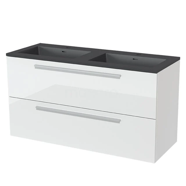 Badkamermeubel 120cm Modulo Hoogglans Wit 2 Lades Vlak Wastafel Quartz BMW17-01344