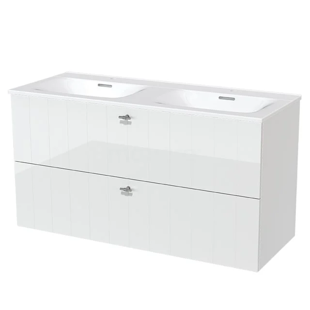 Weißes Hochglanz-Badmöbel mit Doppelwaschbecken, modernes Design, zwei geräumige Schubladen und Chrom-Haltegriffe aus der modernen Luxus-Serie.