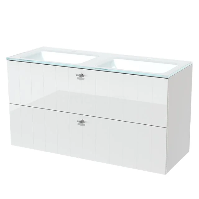 Modulo Bathroom furniture with sink | 120 cm High-gloss white Slat front Glass 2 Stacked drawers BMW17-01351 Modern white bathroom furniture set with double gloss basin and drawers, ideal for stylish storage space in the bathroom.