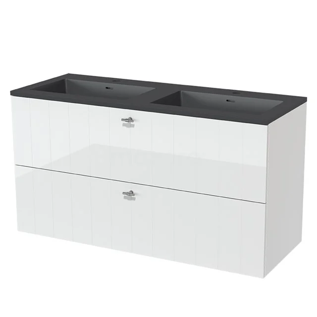 White bathroom unit with black vanity units with basin, modern design, glossy finish and spacious storage drawer.