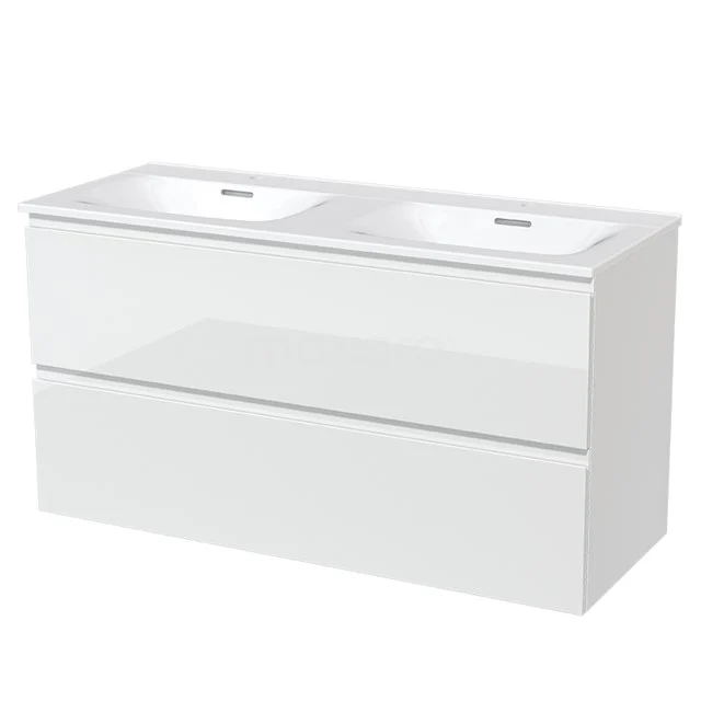 Doppeltes weißes Waschtisch, glänzend, modernes Design, mit zwei Schubladen, ideal für zusätzlichen Stauraum im Badezimmer.