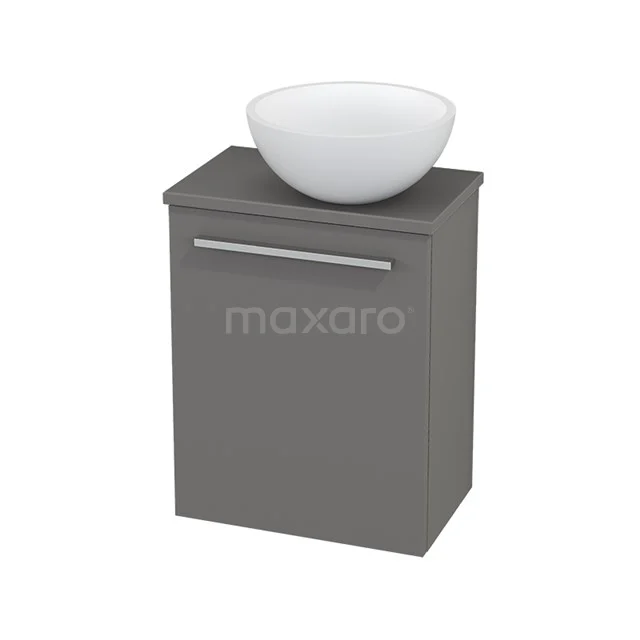 Grauer Badschrank mit weißem keramischen Aufsatzwaschbecken, modernes Design mit klaren Linien und metallischem Haltegriff.