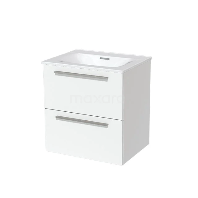 Modulo Vanity units with basin | 60 cm Matte white Flat front Ceramic 2 Stacked drawers BMW17-01373 White bathroom unit with two drawers, glossy finish and ceramic basin, ideal for modern bathroom storage.