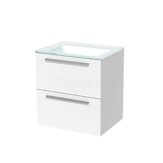 Weißes Badezimmermöbel mit zwei Schubladen und Glaswaschbecken, modernes Design ideal für kompakte Bäder.