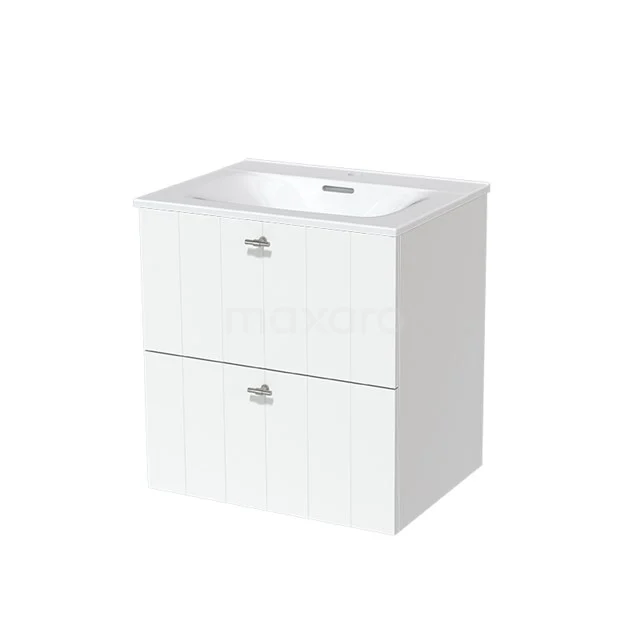 Modulo Bathroom furniture with sink | 60 cm Matte white Slat front Ceramic 2 Stacked drawers BMW17-01384 White bathroom unit with two drawers, glossy finish, and integrated vanity units with basin made of ceramic, compact and modern design.