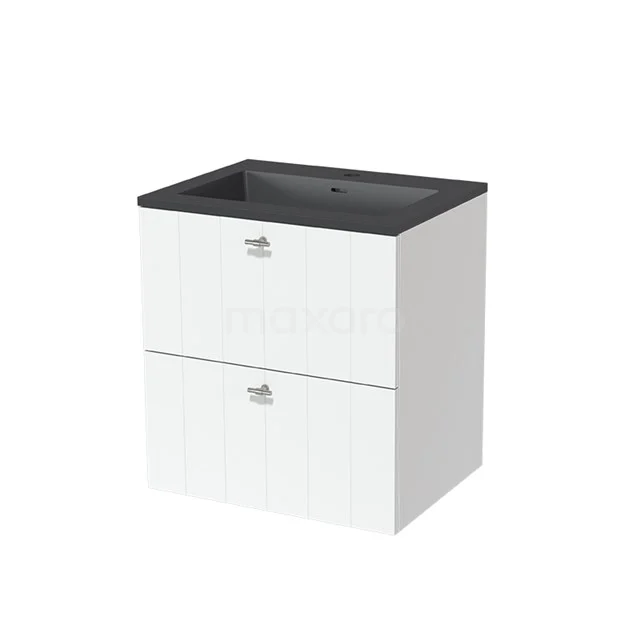 Modulo Bathroom furniture with sink | 60 cm Matte white Slat front Quartz 2 Stacked drawers BMW17-01390 White bathroom unit with black vanity units with basin, two-piece, sleek design, ideal for modern bathrooms.
