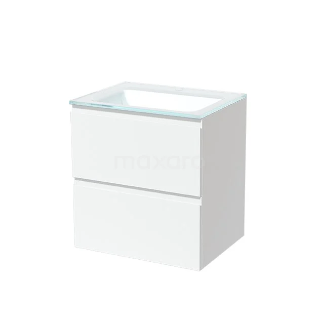 Modulo Vanity units with basin | 60 cm Matte white Handle-less front Glass 2 Stacked drawers BMW17-01397 White bathroom unit with two drawers, modern glass vanity units with basin and sleek design; ideal as a compact storage solution.