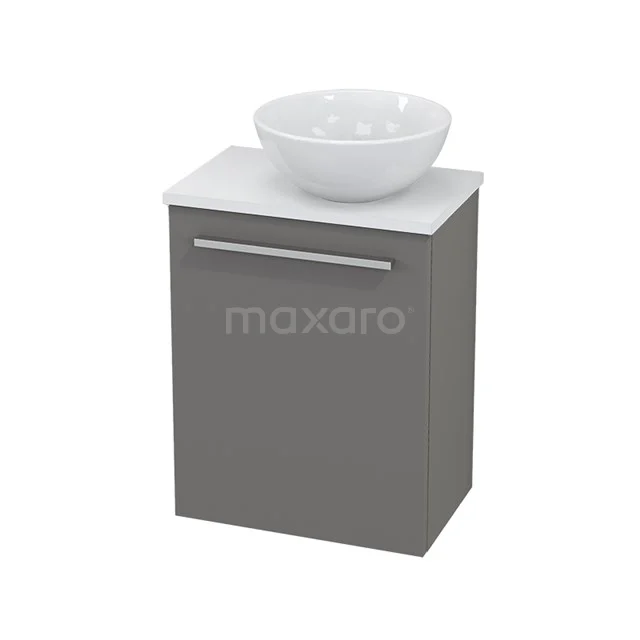 Bathroom cabinet in grey with white basin, minimalist design, compact size, ideal for modern bathroom layouts.