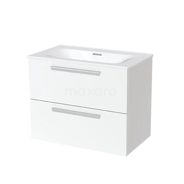 White bathroom unit with two drawers and integrated vanity units with basin, sleek design and stylish handles.