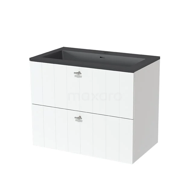 Weißes Badezimmermöbel mit zwei Schubladen und schwarzer Waschtischplatte, modernes Design aus Keramik.