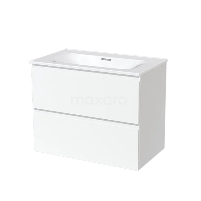 White bathroom furniture set with built-in basin, two drawers and sleek design, ideal for modern bathrooms.