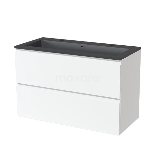 Modulo Bathroom furniture with sink | 100 cm Matte white Handle-less front Quartz 2 Stacked drawers BMW17-01482 White bathroom cabinet with two drawers and matt black basin worktop, modern look, ideal for stylish bathroom storage.