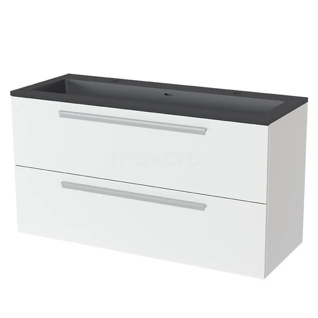 White vanity units with basin in black, two-drawer design, modern and sleek, ideal for stylish bathroom storage.