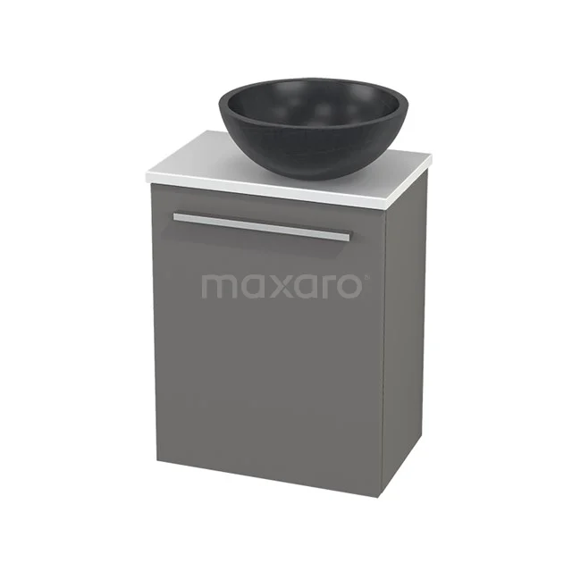 Grey bathroom cabinet with white basin and black bowl-shaped sink, modern design for stylish bathroom fittings.