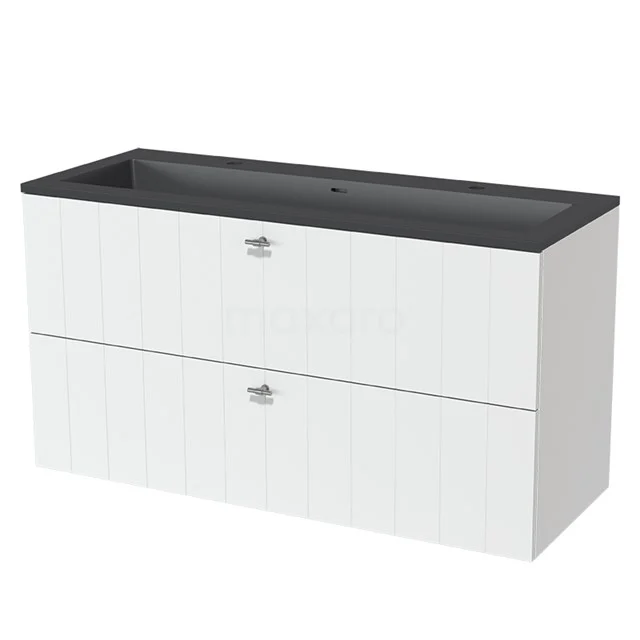 White suspended bathroom unit with two drawers, black basin worktop and sleek modern finish, ideal for minimalist bathrooms.
