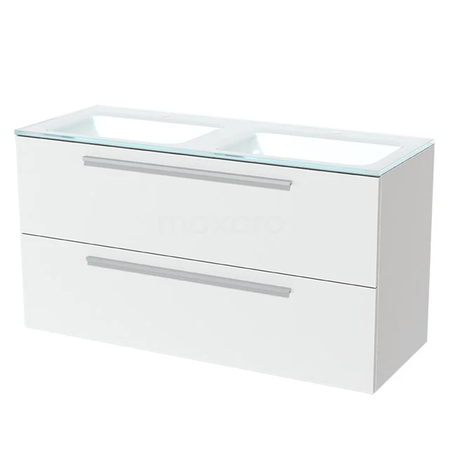 Weißes Badezimmermöbel mit Doppelwaschbecken, schlichte Schubladen und Glasplatte, ideal für ein modernes Badezimmer.