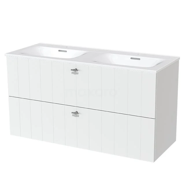 Modulo Waschtische | 120 cm Matt Weiß Lamelle front Keramik 2 übereinanderliegende Schubladen BMW17-01520 Weißes Doppel-Badmöbel mit klaren Linien, zwei Waschbecken und zwei Schubladen, perfekt für einen modernen Badezimmerstil.